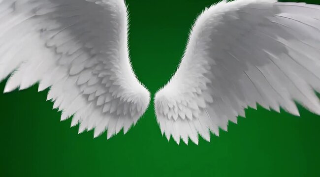 Realistic White Feathery Angel Wings Flapping on Green Screen Background, 3D Flying Wings Animation for Chroma Key and VFX
