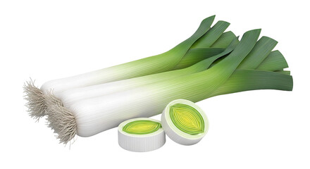 Two Fresh Leeks and Two Slices on White Background