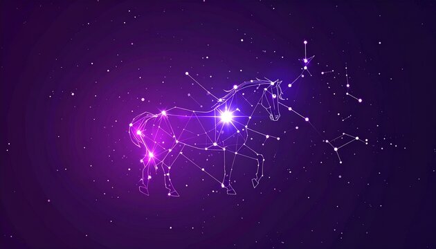Abstract horses in a digital constellation against a purple backdrop.