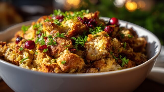 Close up of a bowl of savory bread stuffing or dressing with cranberries and parsley garnish. Traditional Thanksgiving meal.