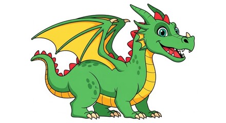 Obraz premium A cartoon green dragon with yellow wings and a red spiky collar standing on a white background