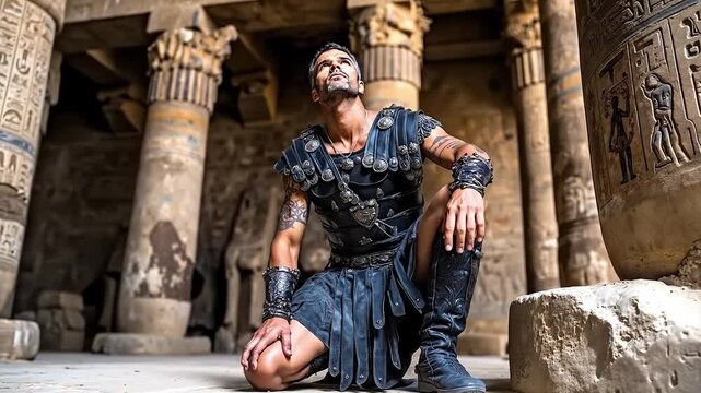 A man in a roman costume sitting on the ground in front of a temple