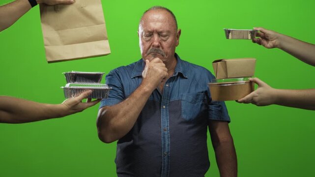 Man touching chin while multiple hands present takeout containers and a paper bag in a studio setting; thoughtful uncertainty.