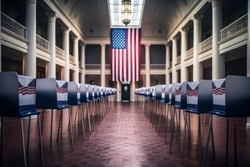 Naklejka premium Voting booths standing ready in a large hall with an american flag hanging in the background