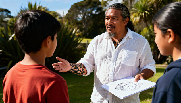 Maori man with ta moko tattoos teaching two children about cultural heritage. Indigenous teacher explaining a traditional drawing to a boy and girl outdoors.