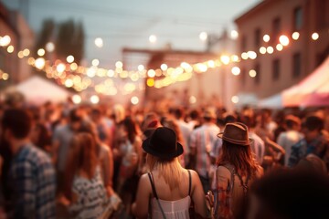 Fototapeta premium Vibrant festival gathering showcasing hipster culture in a lively outdoor setting during golden hour with string lights illuminating the atmosphere