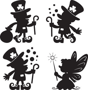 Vector set of painted silhouettes leprechauns and fairies