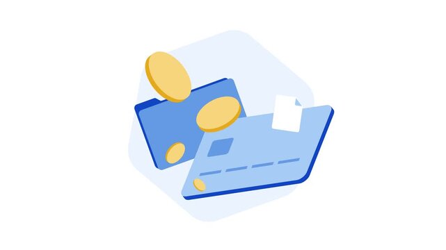 Digital payment system animation with wallet, cards and coins appearing in sequence. Fintech interface. Payment workflow. Smooth floating motion for banking apps. motion graphic animation