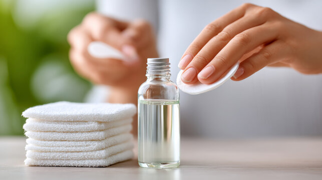 Manicure essentials: nail polish remover and cotton pads for perfect nail care routine