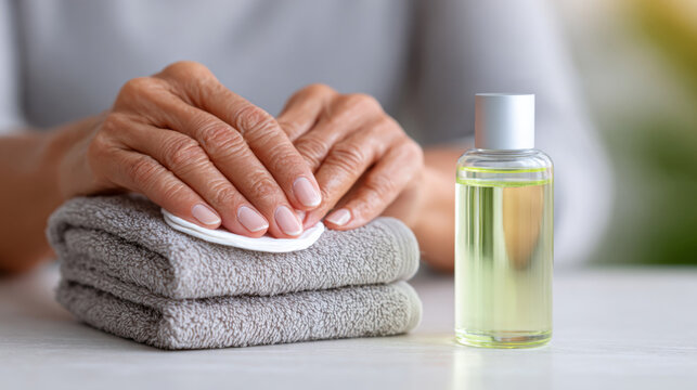 Manicure essentials with acetone nail polish remover and cotton pads