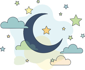 Minimal Ramadan flat illustration of night sky elements including crescent moon, stars, clouds and lantern glow shapes, clean flat vector style, calm composition isolated on white background
