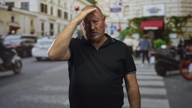 Man senior holds hand to forehead, squinting on a busy urban street crosswalk near parked scooters and cars; fatigue headache concern.