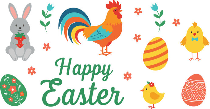Happy Easter greeting vector with cute bunny, rooster, chicks, decorated eggs, flowers, and spring elements in colorful cartoon flat illustration style