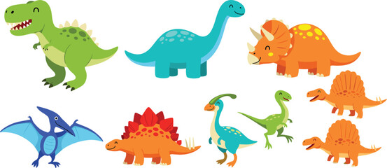 Cute cartoon dinosaur vector set with different prehistoric animals including tyrannosaurus, stegosaurus, triceratops, and flying reptiles in flat style © Sanjida