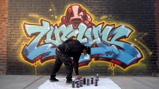 Street artist creating vibrant graffiti on brick wall with spray paint.