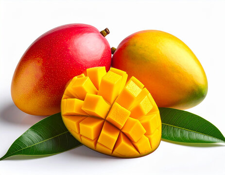 Frische Mango mit grünen Blättern auf wei&szlig;em Hintergrund