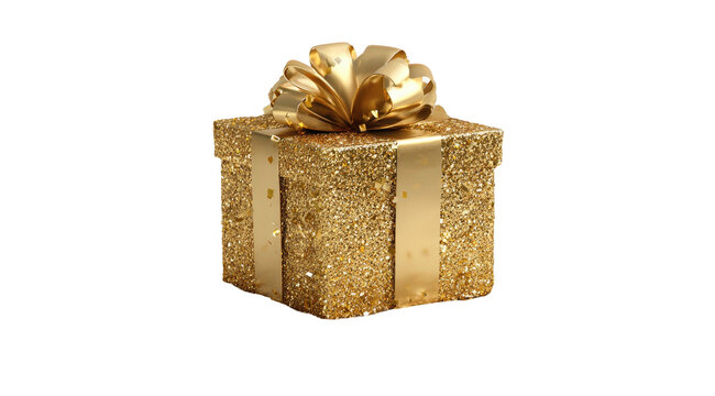 A dazzling, golden gift box with ribbon and bow, rendered against a stark black background