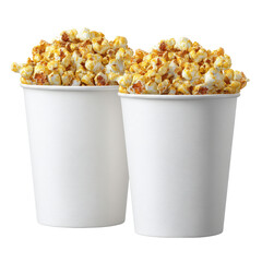 Two white paper cups overflowing with delicious, golden-brown, caramel-glazed popcorn