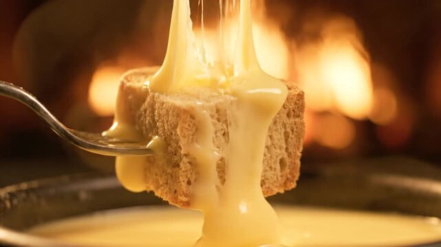 Slow motion melting cheese fondue with bread cube on fork, cozy fireplace background