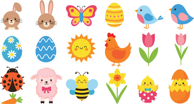 Cute spring and Easter characters vector set with animals, birds, insects, flowers, eggs, and cheerful cartoon icons in flat style