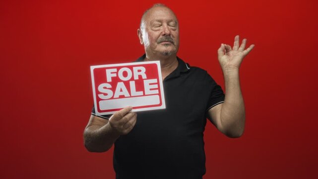 Man holds a red for sale sign while making an ok sign with his right hand against a studio backdrop, modest smile and relaxed pose; confidence approval.