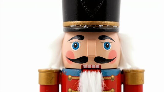 Festive Nutcracker Figurine Close Up With a Shiny Black Hat and Ornate Gold Details on a Clean White Background for