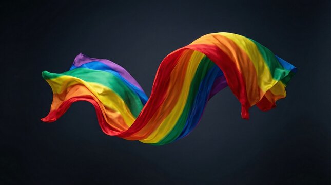 Vibrant rainbow flag waving dynamically against dark background