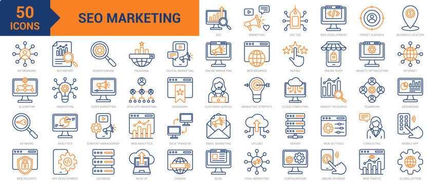 SEO Marketing colored line icon collection set. Containing SEO, marketing, SEO tag, algorithm, target audience, networking, keyword, dashboard, web security, bookmark, domain, back up, traffic icons