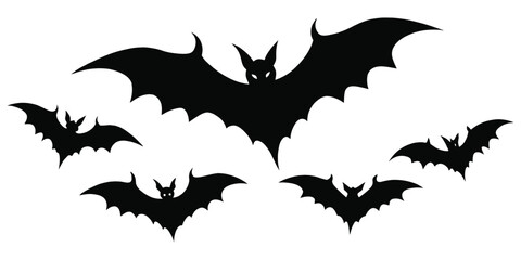 A formation of five black silhouette bats in flight against a transparent background, creating a spooky atmosphere for Halloween.