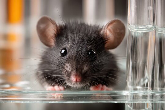 Laboratory black mouse sits calmly on glass surface while researchers examine its behavior and traits in a controlled environment during a study of genetics and health