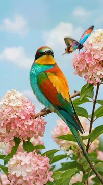 Bright bird perched on pink blossoms glances around while a butterfly flutters nearby under a soft blue sky.