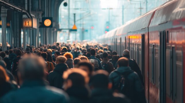 Crowd of people walking on a train station platform beside a train. Concept of public transport, travel, and daily commute.