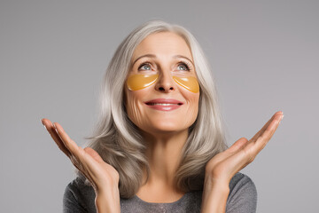 Woman smiles while applying eye patches for skincare