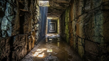 Obraz premium Sunlight illuminating a muddy stone tunnel with water puddles and moss-covered walls deep in a forest setting
