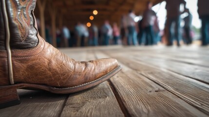 Cowboy boot on a wooden floor at a country western dance bar. Rustic western lifestyle, tradition, and music event concept.