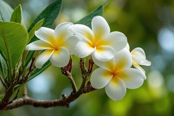 Obraz premium Close-up of delicate white plumeria blossoms with bright yellow centers, set against blurred greenery