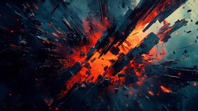 Explosive burst of colors featuring dark structures and bright flames in a dynamic visual display