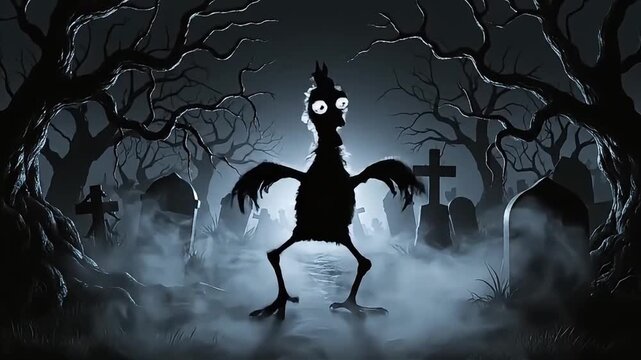 Chicken dance in a foggy graveyard at night spooky scene