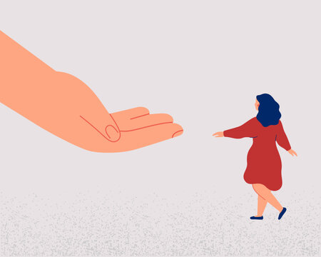 adult extends a hand to a woman. The woman needs help and support. Legal protection, rights, medical care, and life insurance for women. Vector illustration.