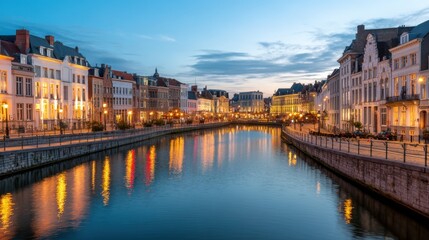 Evening view of old european city with canal and historic buildings. Cityscape at twilight for travel and tourism concept.