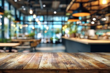 A wooden table foregrounds a blurred interior with tables, lights, and a counter