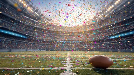 American football on a stadium field with confetti falling. Celebration of victory, sport game, championship, and achievement concept.