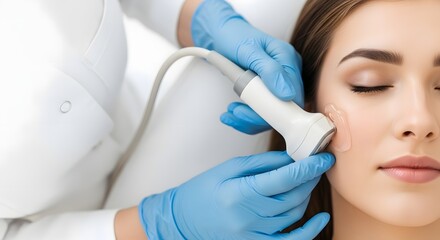 Fototapeta premium Young woman receiving a modern facial ultrasound treatment for anti-aging and skin health concept in an aesthetic medicine clinic