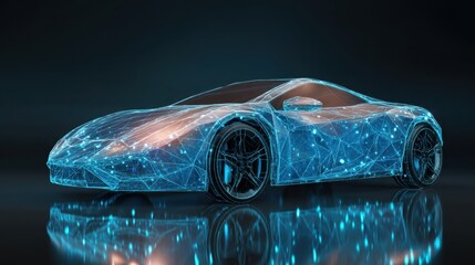Fototapeta premium Digital car model with glowing blue lines and polygonal mesh. Future of automotive technology, engineering, and design. Innovative vehicle concept.
