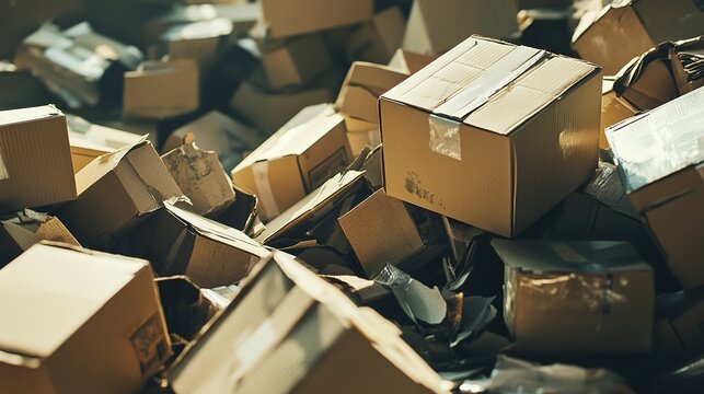 Boxes are stacked in a large pile at a warehouse during the afternoon with some boxes damaged and taped