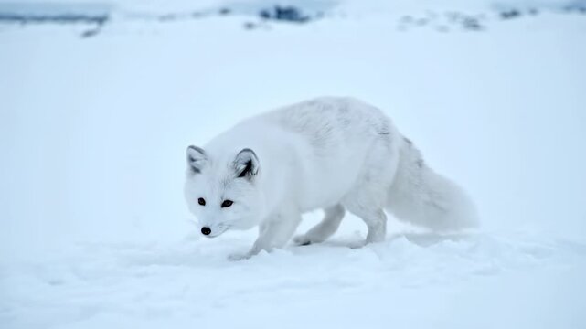 Arctic fox walks through snowy landscape