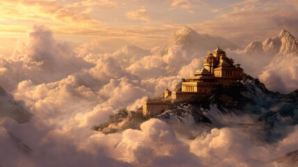 Fototapeta premium Ancient temple on a mountain top above the clouds illuminated by golden light. Heaven architecture concept for spiritual journey.