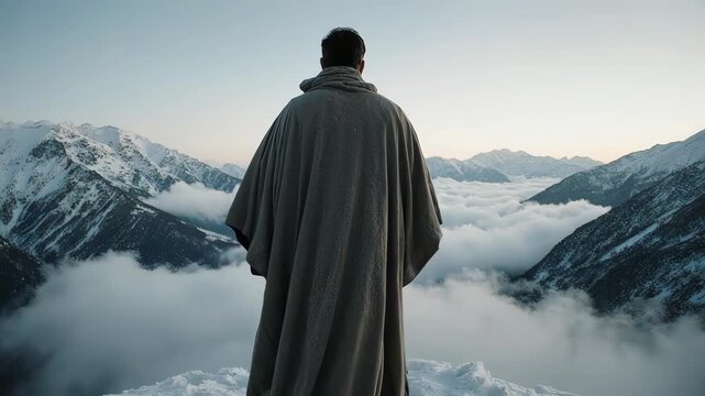 Man in a grey wool poncho standing on a mountain peak over the clouds. Majestic hiking adventure travel lifestyle and freedom concept at sunset.