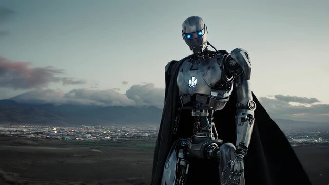 Futuristic humanoid robot gazing across a city landscape 