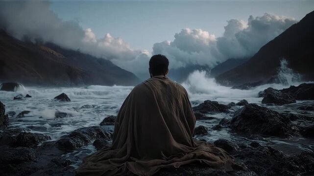 A person meditating peacefully by the shore, with the ocean and mountains in the background 